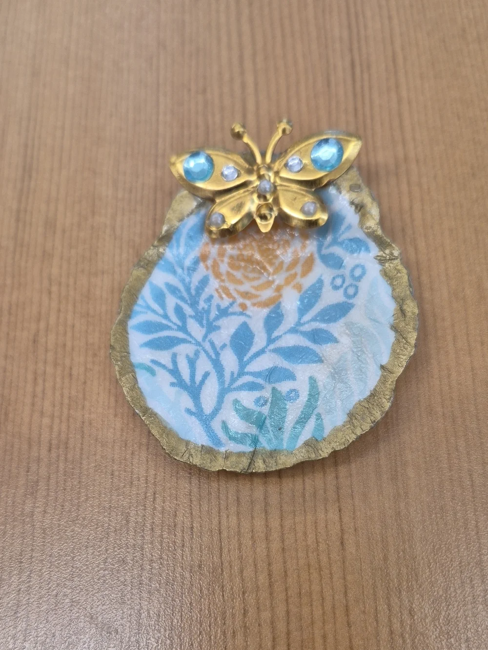 Gold Butterfly Floral Trinket Shell Blue and Gold